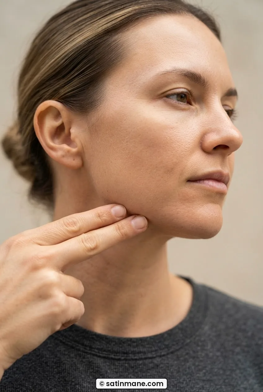 Close-up of a woman's jaw corner with two fingers demonstrating the sharp 90-degree angle