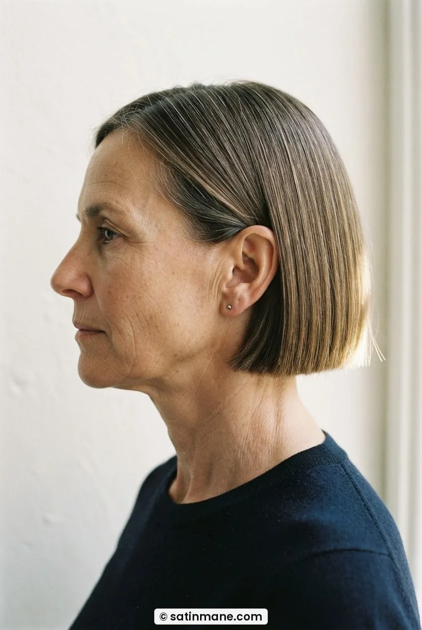 Woman with fine straight hair in a jaw-length blunt bob showing the weight line in sharp three-quarter profile