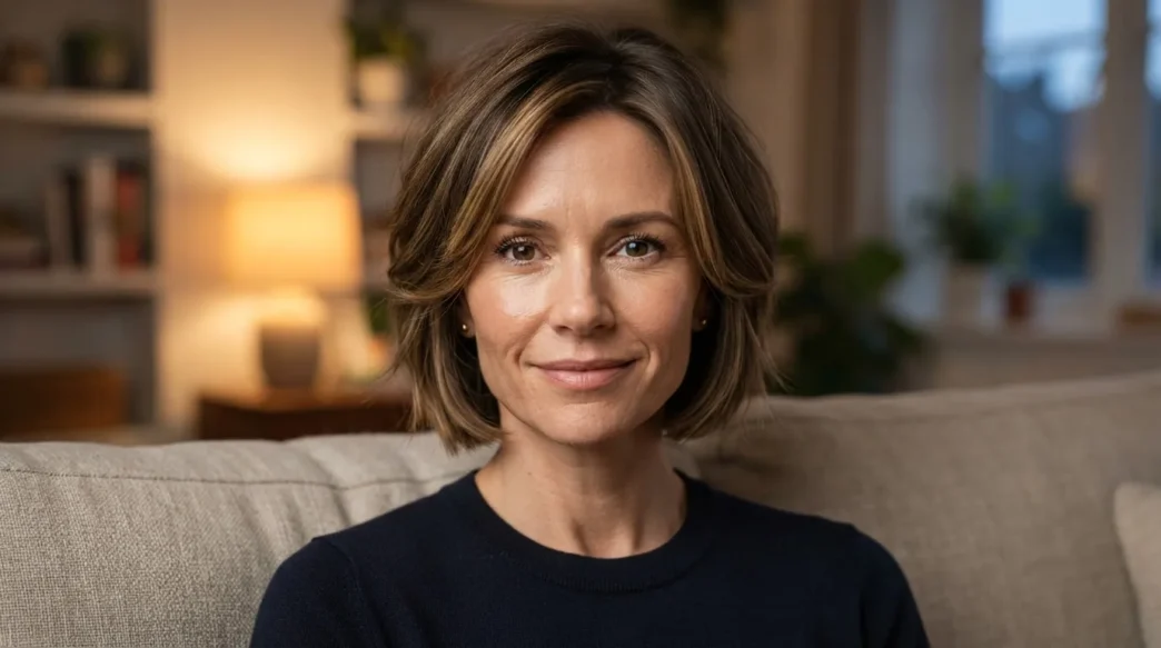 Woman with jaw-length layered bob and face-framing pieces curving inward along the cheek, warm lamp light behind her