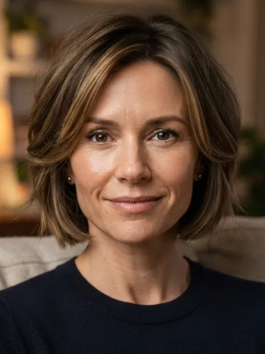 Woman with jaw-length layered bob and face-framing pieces curving inward along the cheek, warm lamp light behind her