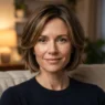 Woman with jaw-length layered bob and face-framing pieces curving inward along the cheek, warm lamp light behind her