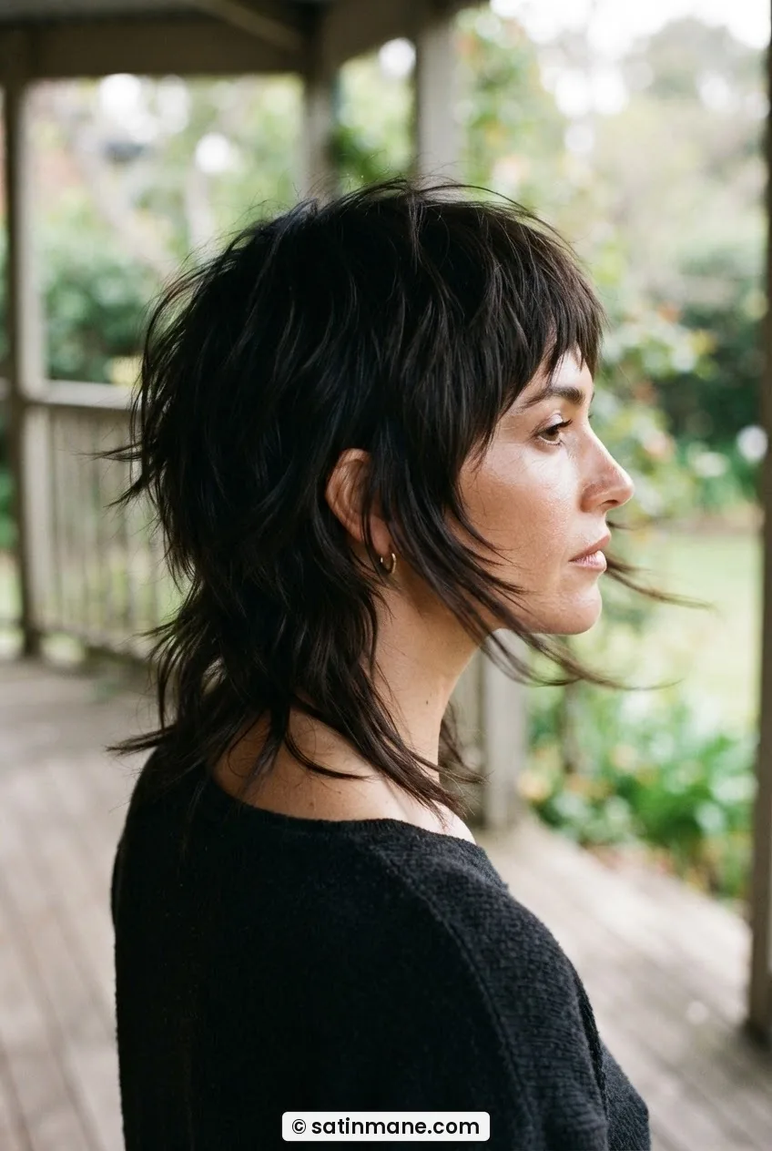 Woman with jaw-length shag haircut showing side layers close to face and longer back sections mid-turn