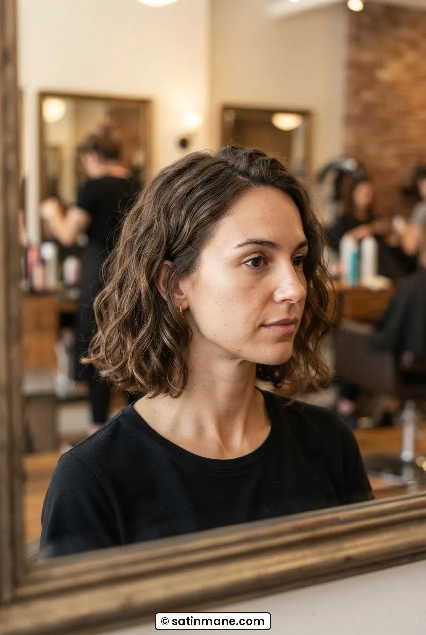 Woman with jaw-length wavy hair reflected in a salon mirror under warm lighting