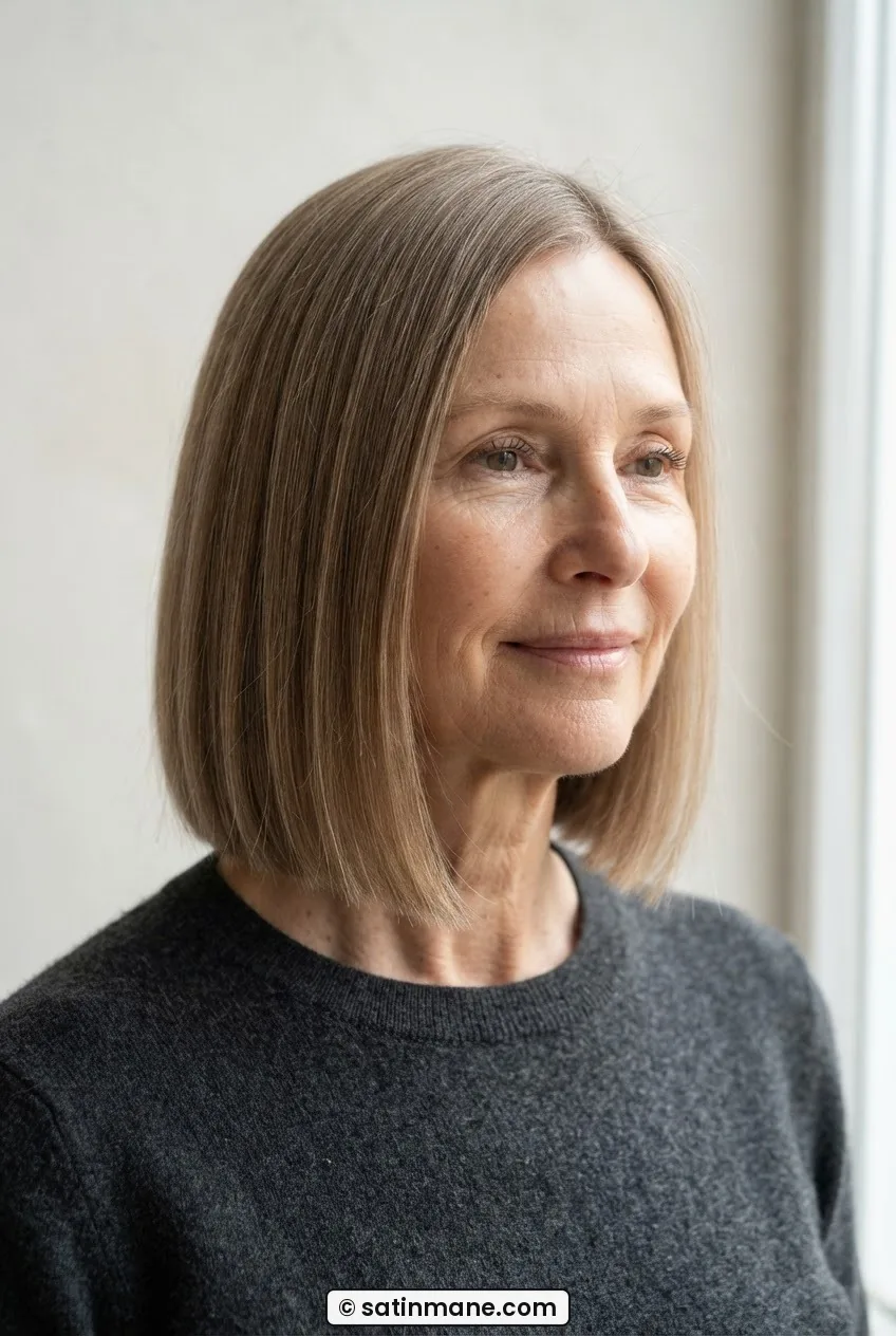 Woman with fine straight hair in a blunt just-past-collarbone bob showing curtain-like perimeter weight
