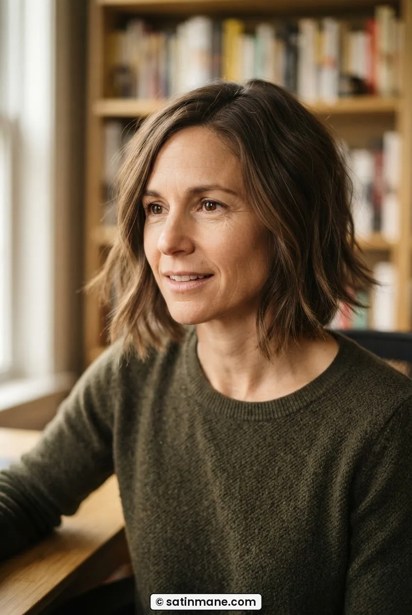 Woman with a layered bob at eight weeks, chin-length movement visible in warm afternoon study light beside a bookshelf