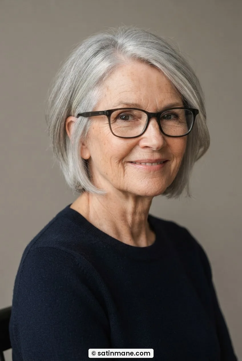 62-year-old woman wearing glasses with layered silver hair below the earlobe and jaw-length face-framing, clear space between glasses and hair