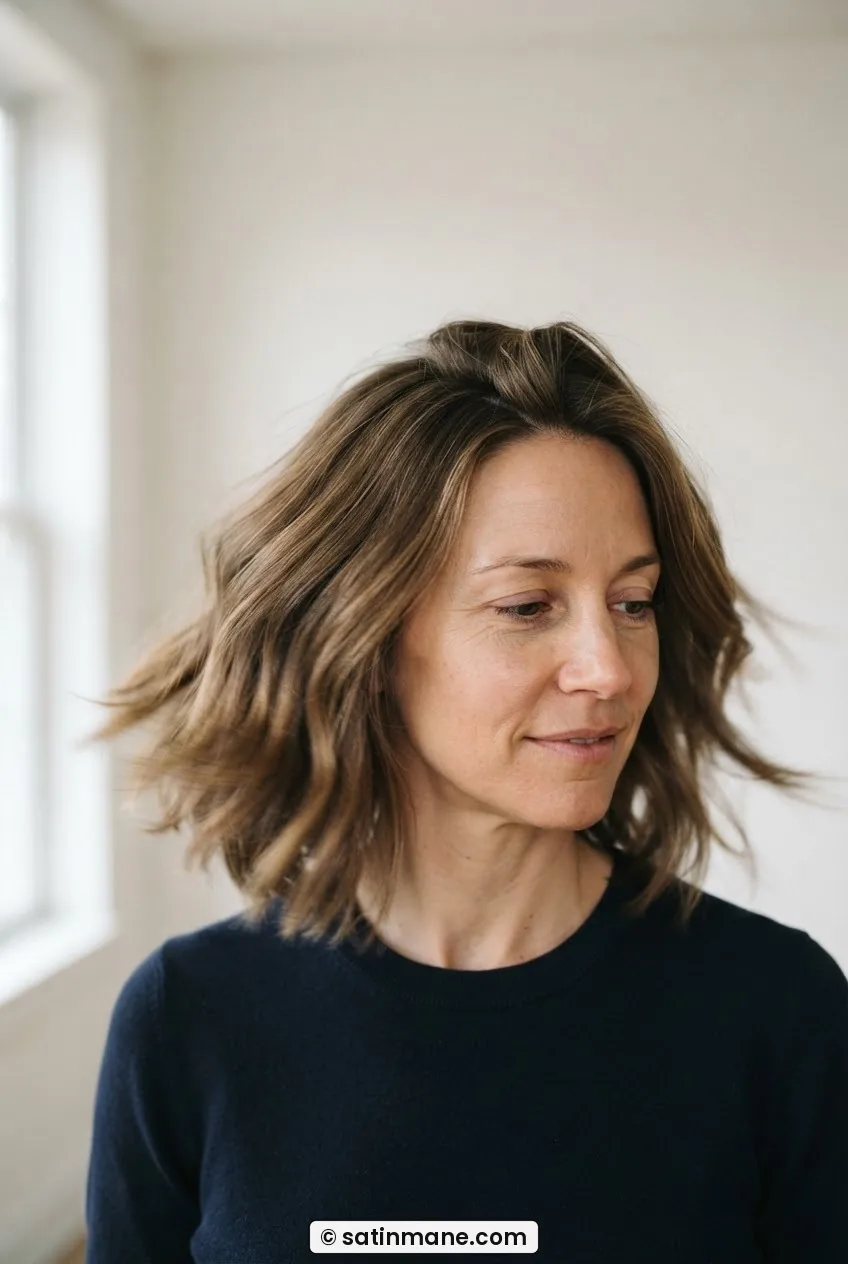Woman with collarbone-length lob in motion showing controlled sides and retained crown volume