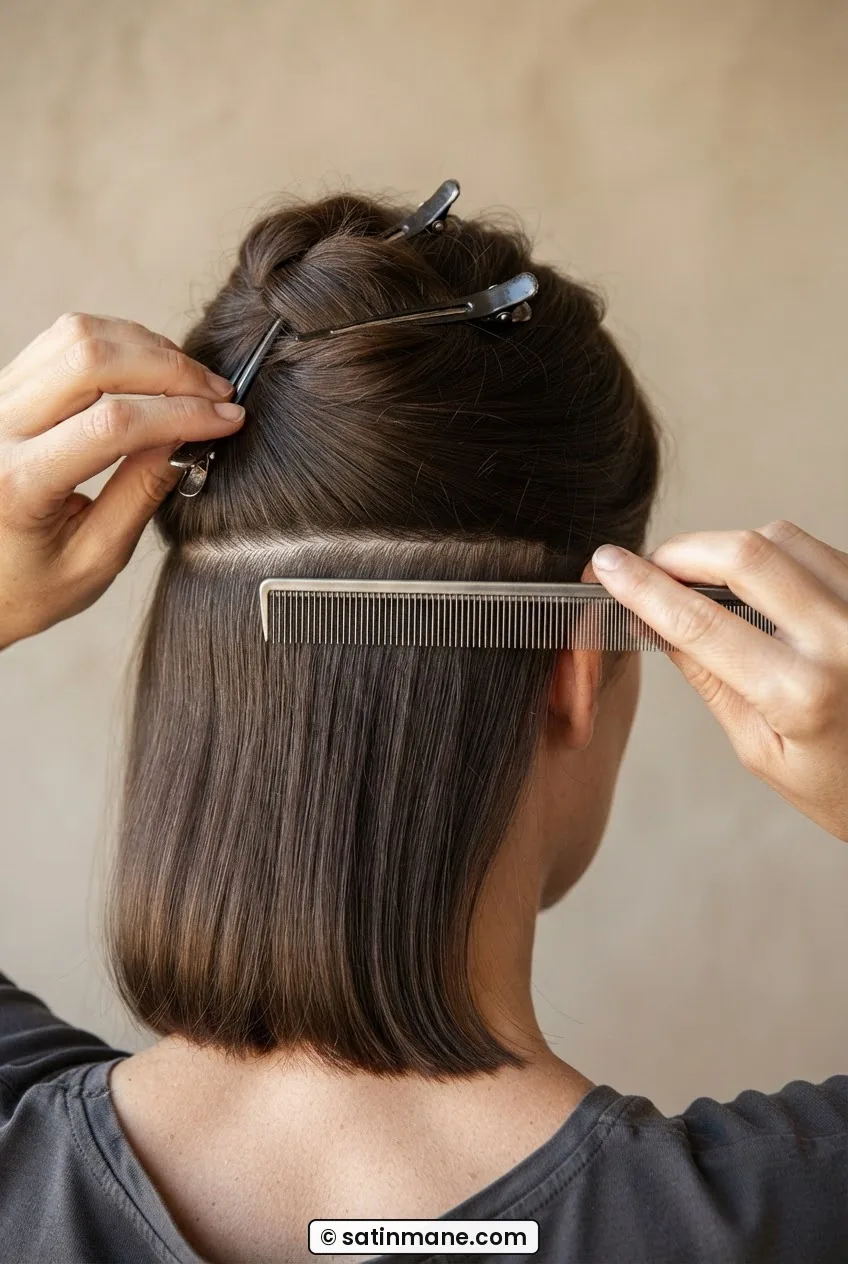 Back view of mid-length hair with horizontal section parted by tail comb and upper hair clipped up