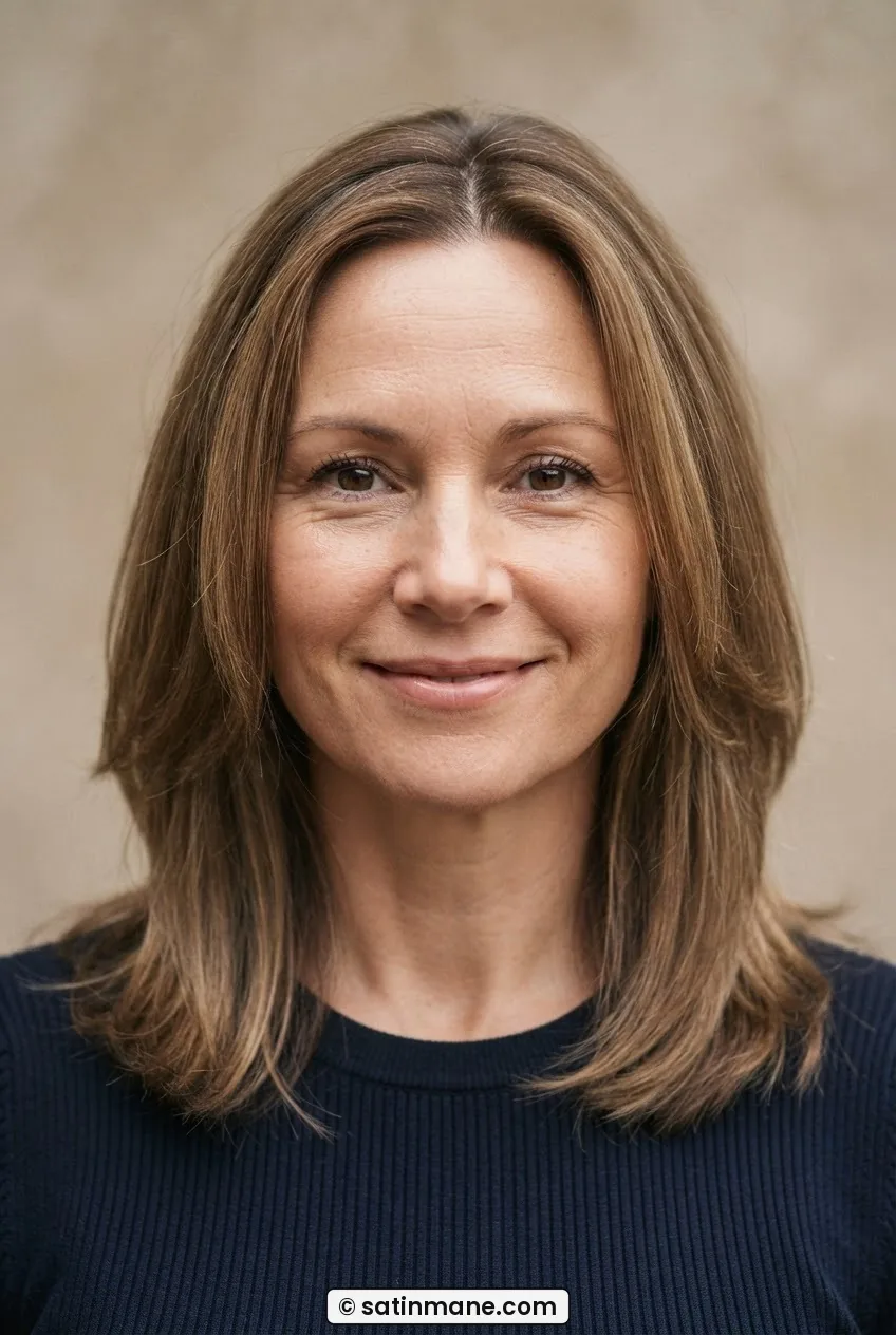 Woman with round face wearing a long lob at the collarbone with gentle layers starting below the chin