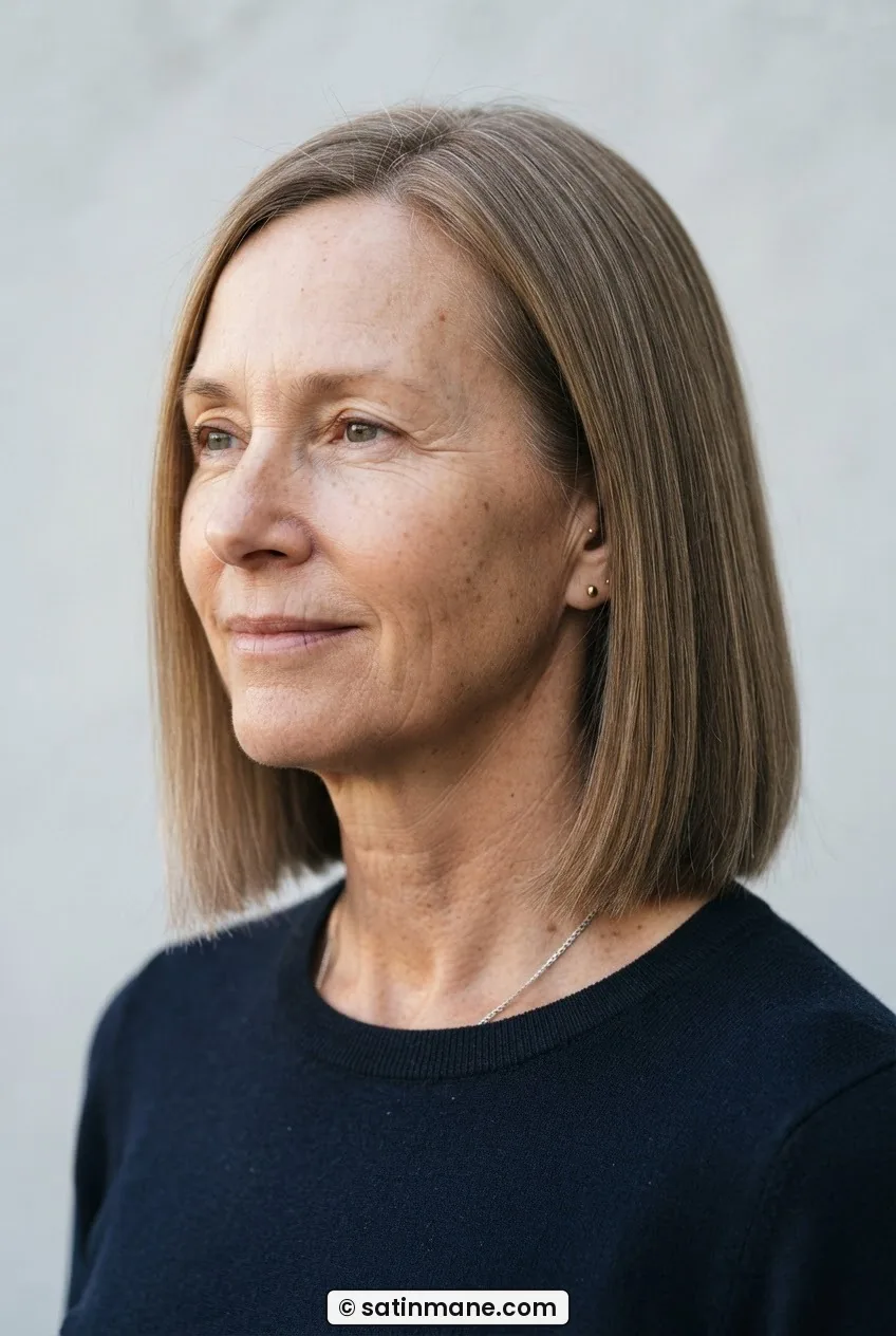 Woman with fine straight hair in a blunt long bob at collarbone length with ends turning slightly under
