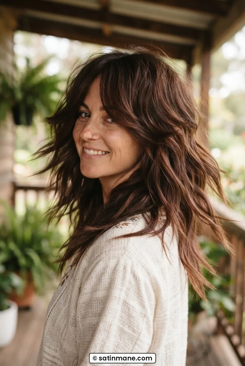 Woman with long boho shag reaching mid-back with dramatic face-framing layers mid-turn in soft light