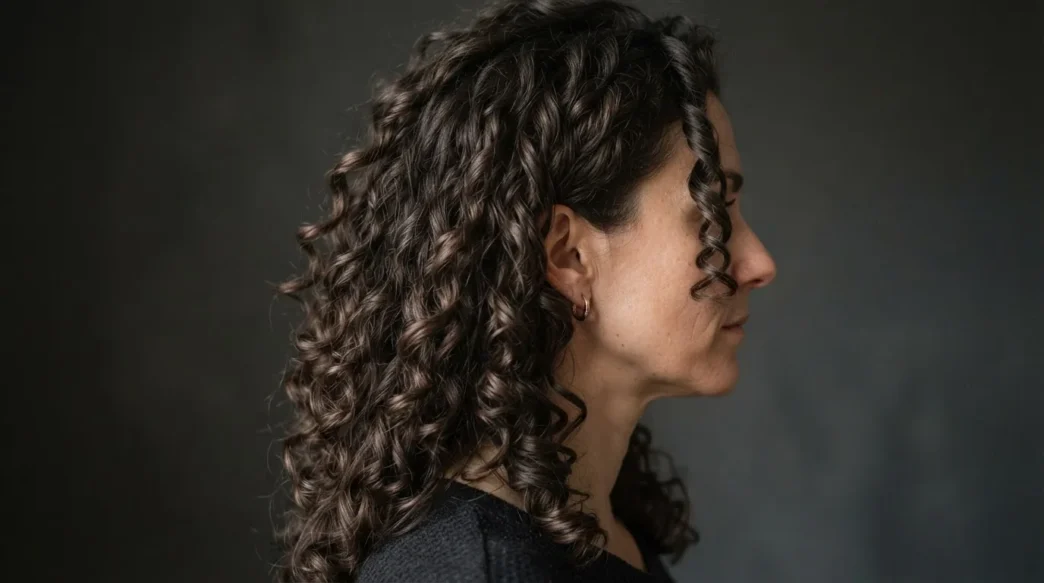 Woman with long natural curls fully air-dried and styled, viewed from the side with raking light separating each clump