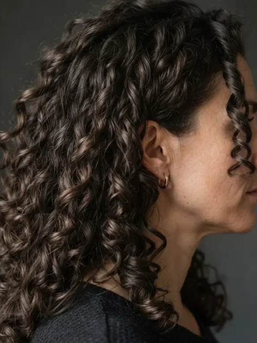 Woman with long natural curls fully air-dried and styled, viewed from the side with raking light separating each clump