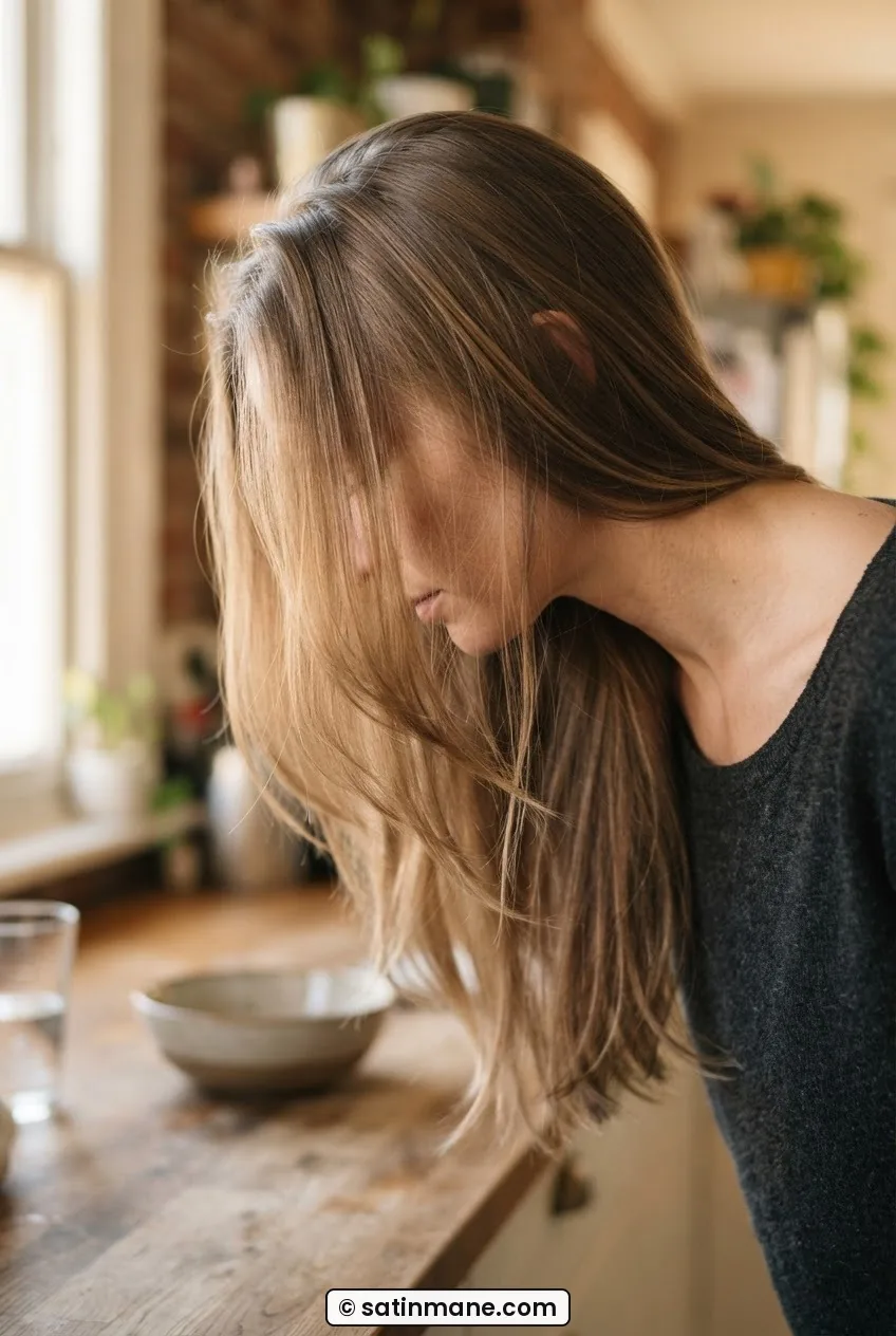 Close shot of long fine layered hair showing clean scissor-cut layer ends in warm side lighting