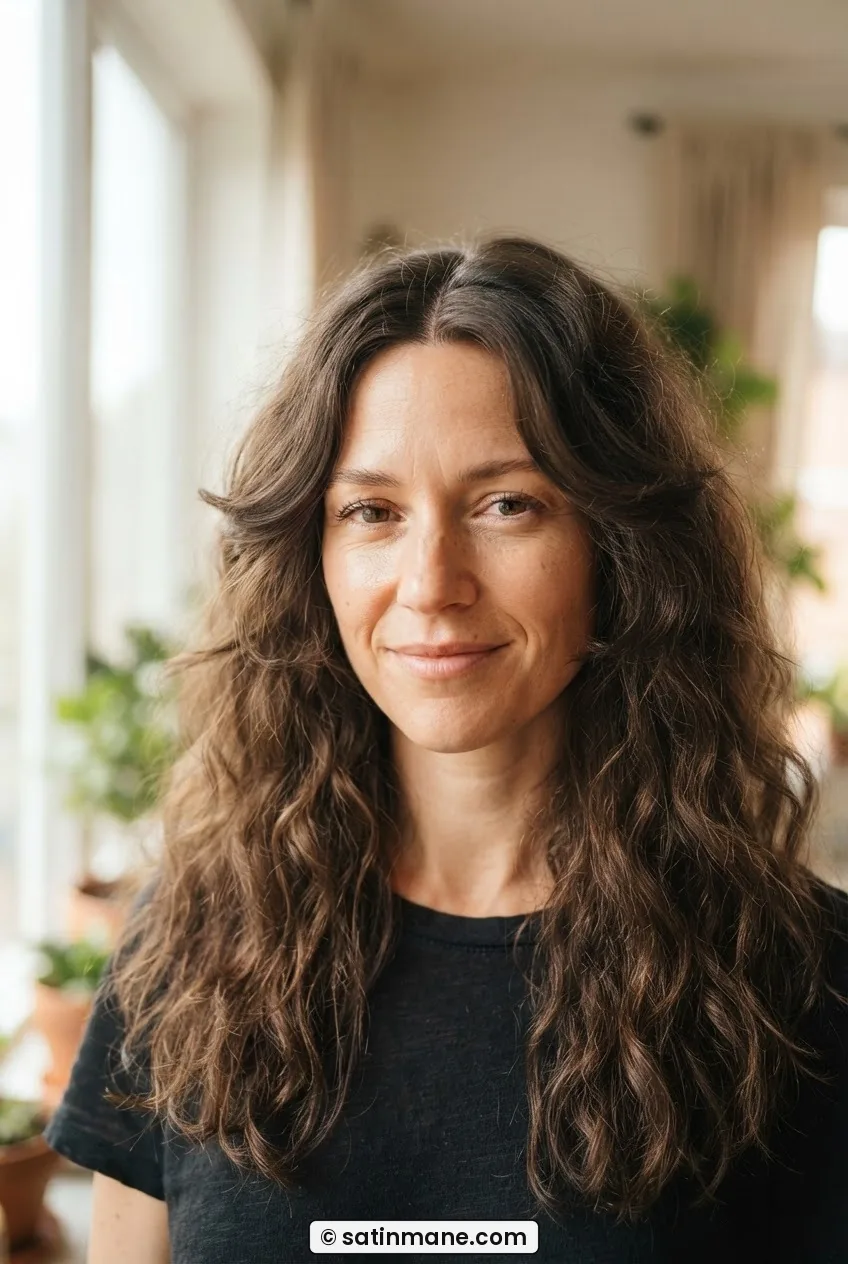 Woman with long frizzy wavy hair centre-parted with high-starting long layers, humid-day light