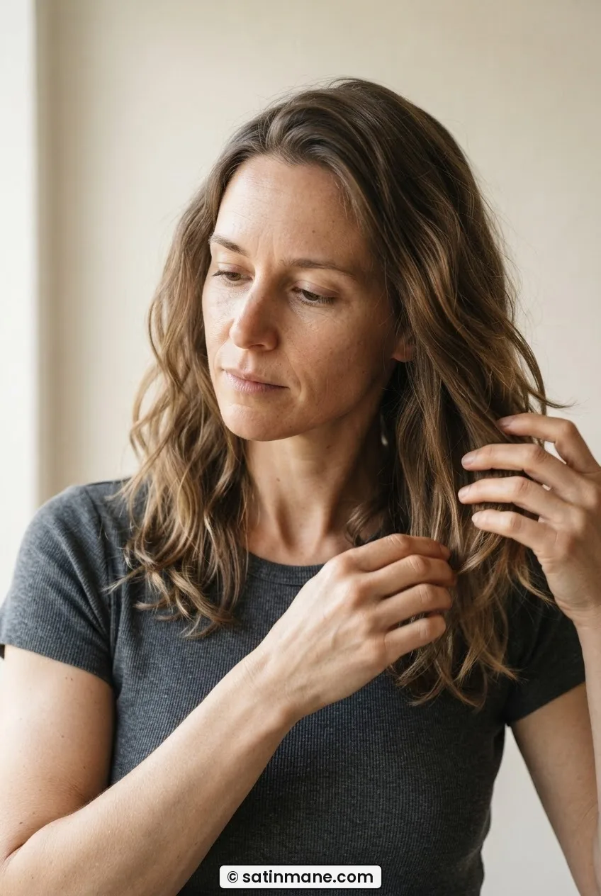 Woman with long lob two inches below collarbone showing internal movement at the air-dried ends