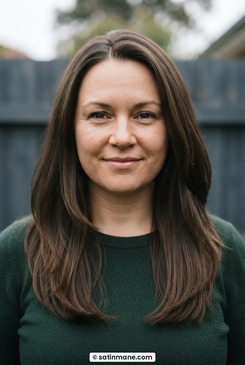 Woman with rounder face wearing long one-length below-shoulder cut resting in front of shoulders in natural light