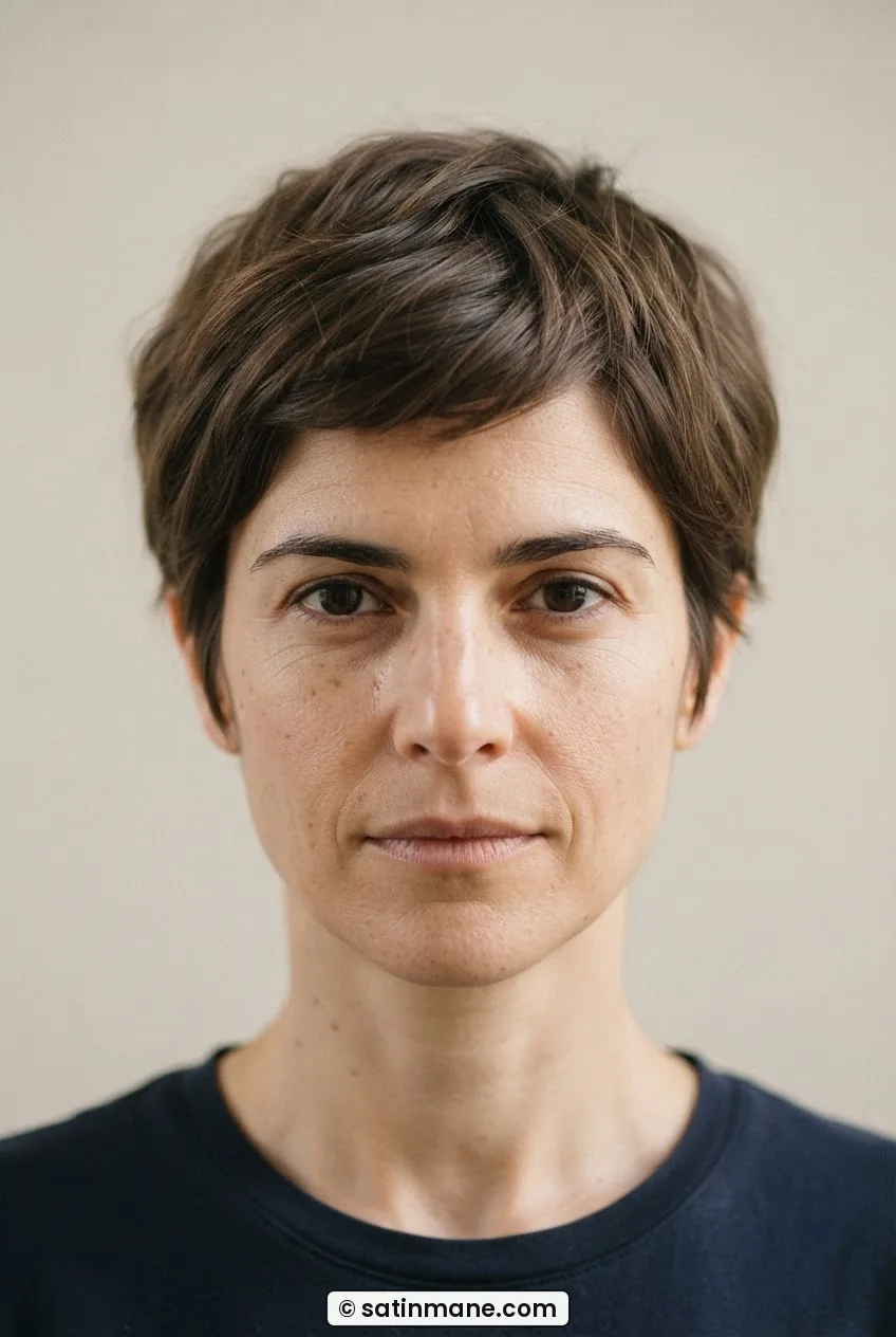 Crown section of a long pixie haircut sitting untouched with natural volume and soft texture, both hands away from the head