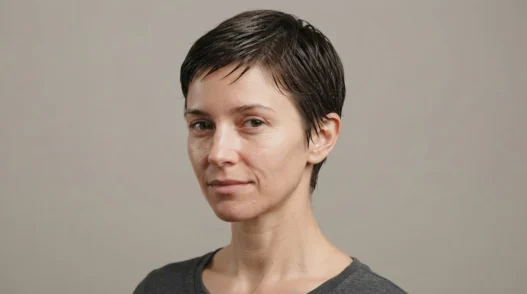 Woman with freshly cut long pixie haircut, hair lightly misted and damp, ready for hand styling, plain neutral background