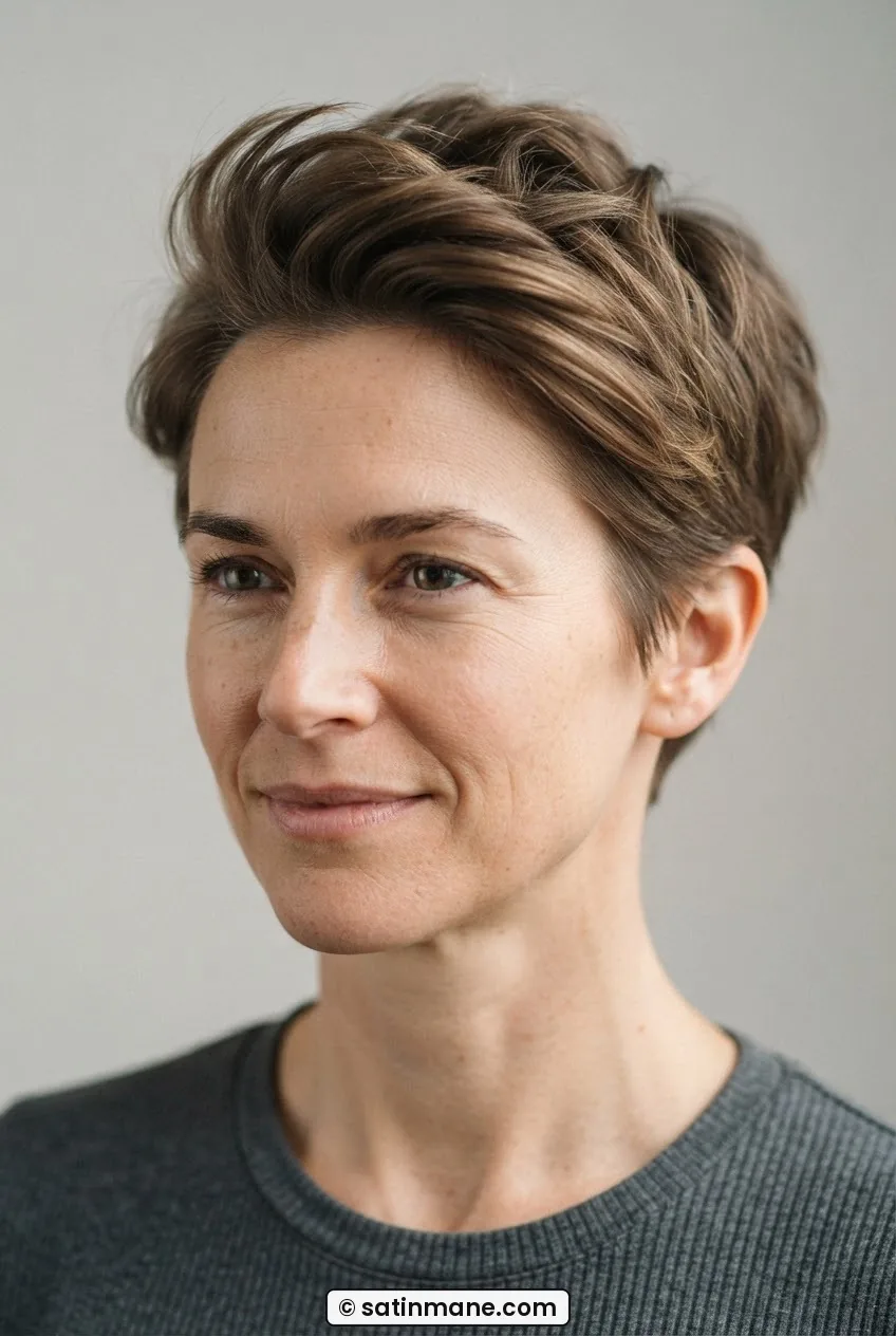 Fully hand-styled long pixie haircut showing lifted front, swept sides, textured crown, and clean perimeter, no tools used
