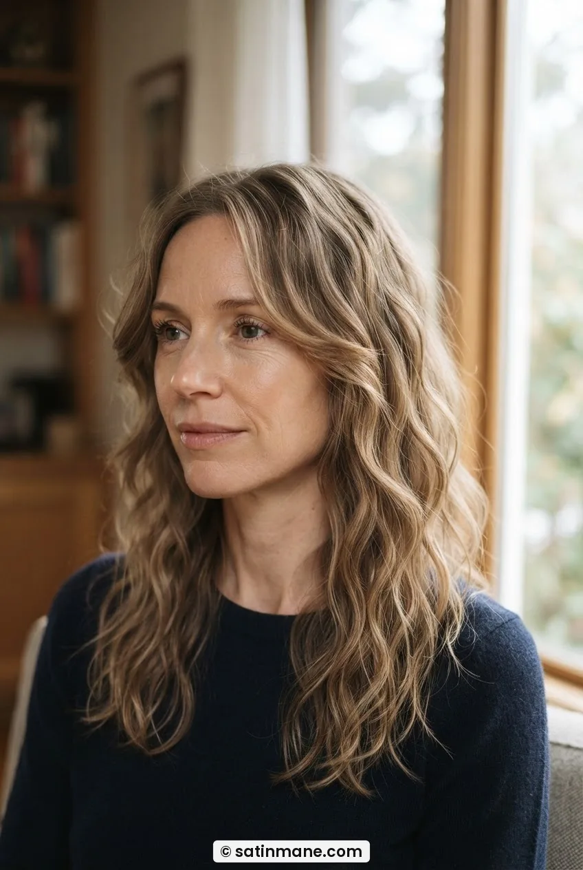 Woman with fine hair in a long shag cut showing defined S-wave pattern through curtain layers in soft side-lit daylight