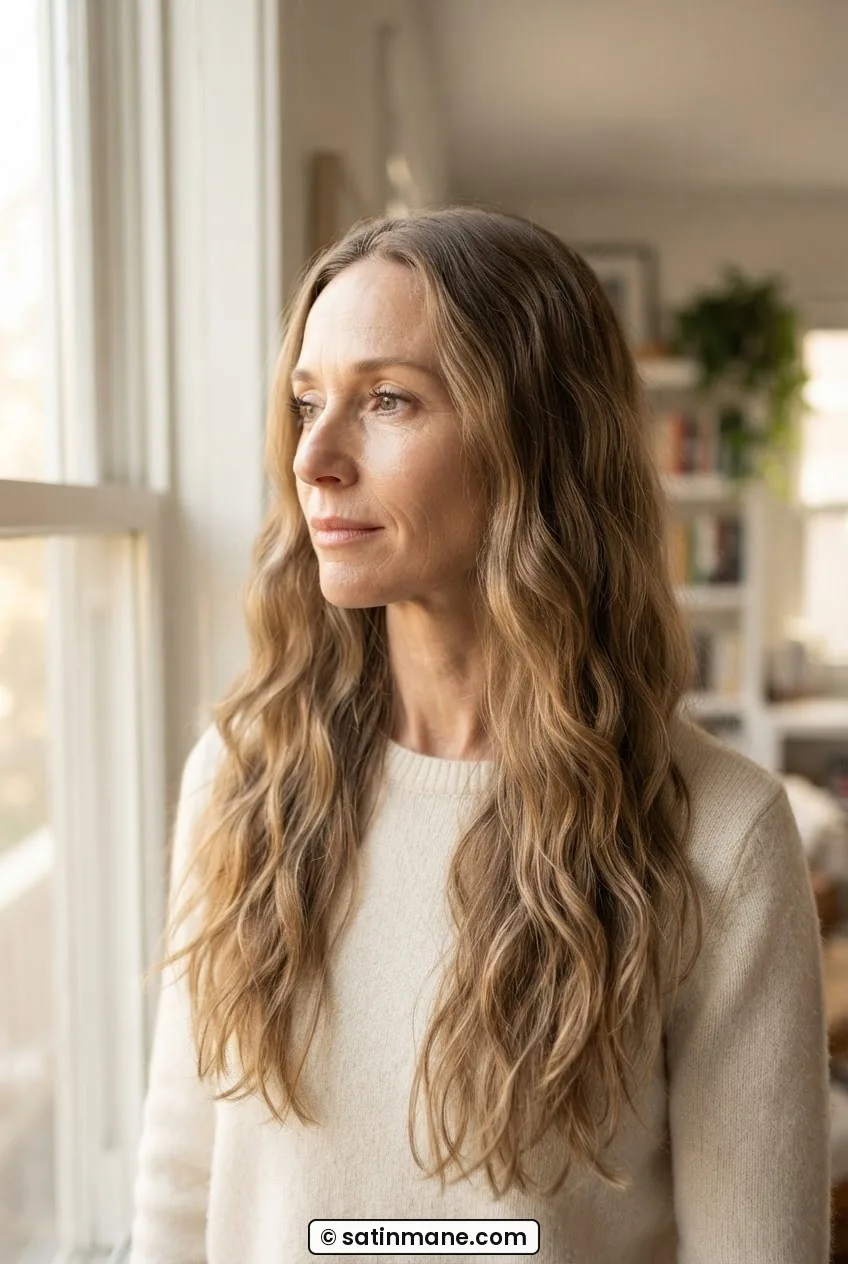 Woman with long fine wavy hair in a V-cut showing full S-wave pattern from root to tip in warm soft window light
