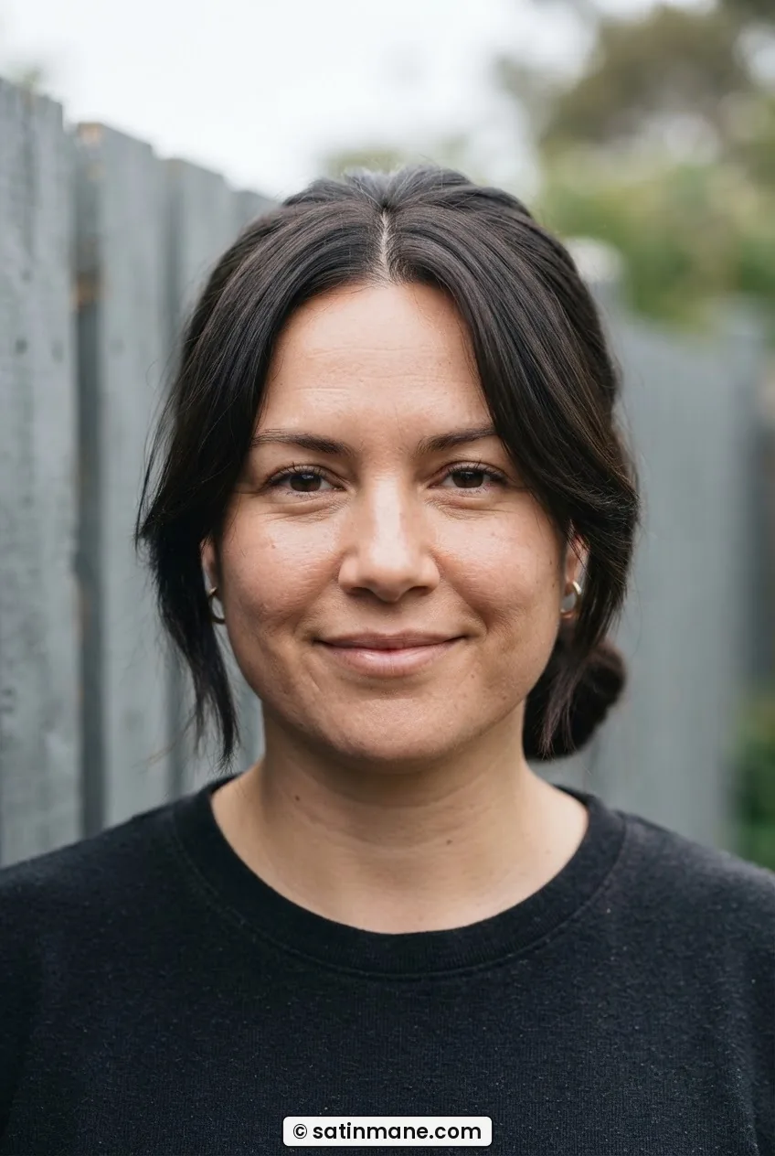 Woman with rounder face and medium-length face-framing layers worn loose at the front beside a painted fence