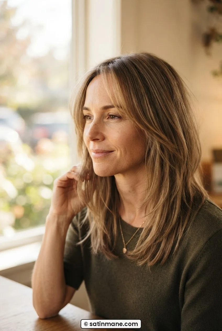Woman with collarbone-length fine layered hair seated near a bright window in warm diffused light