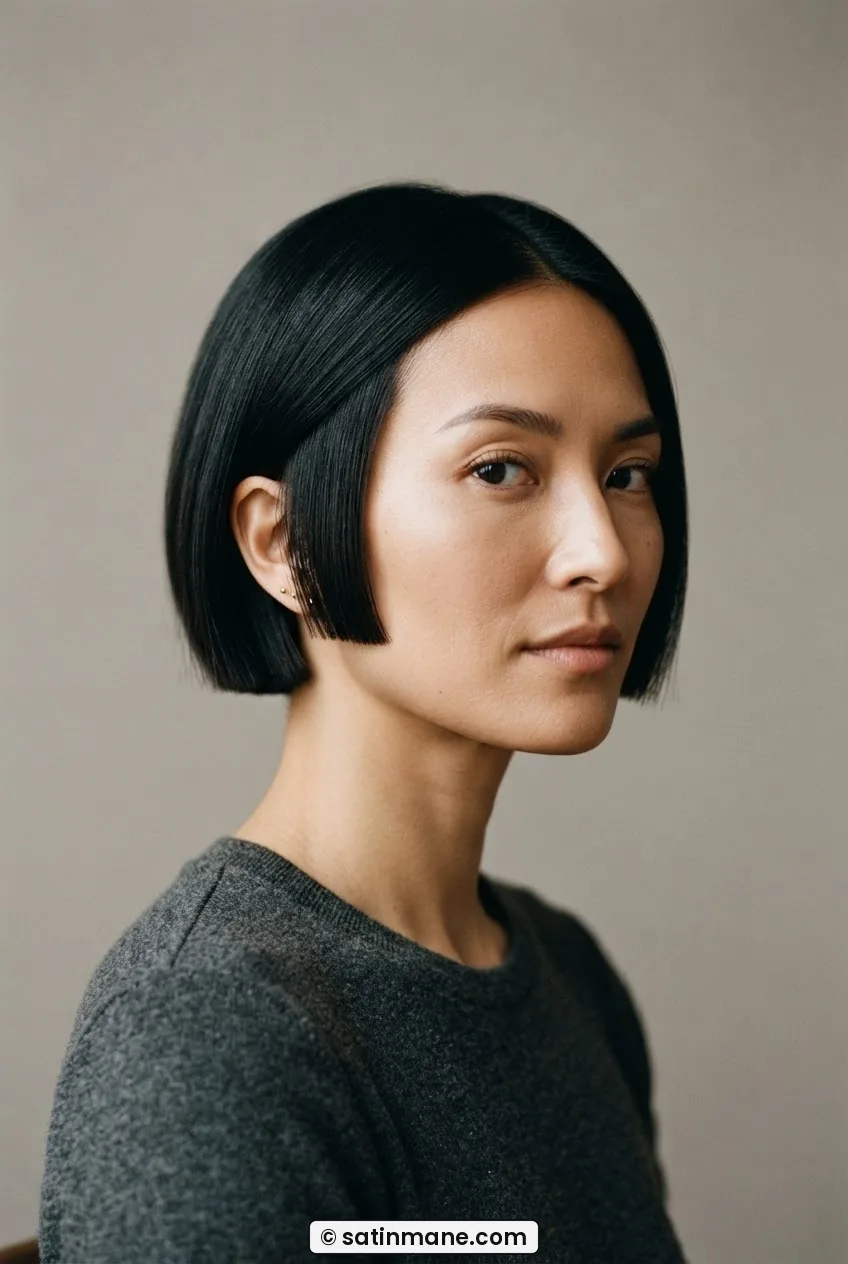 Woman with a jet black micro bob sitting just above the earlobe, three-quarter front view in studio lighting