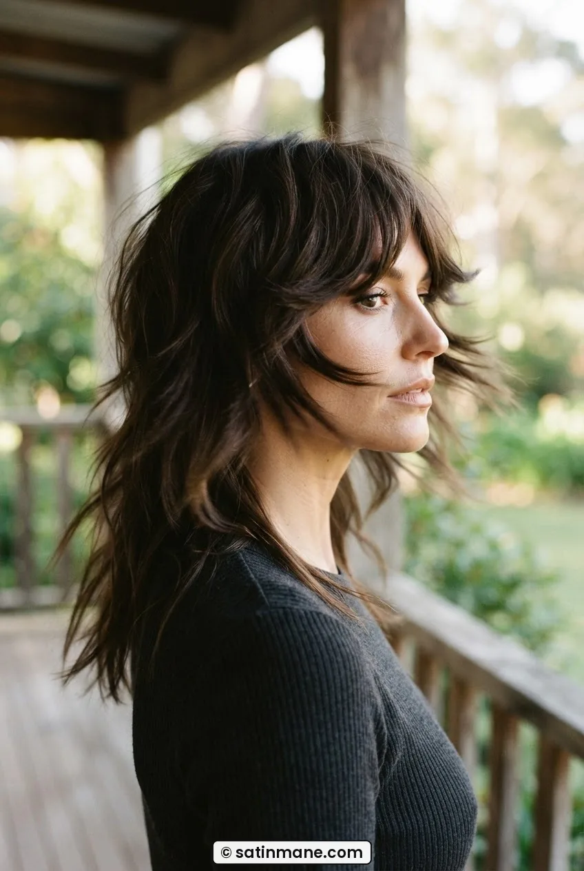 Woman with mid-2000s shag featuring cheekbone face-framing pieces and long layers mid-turn in warm light