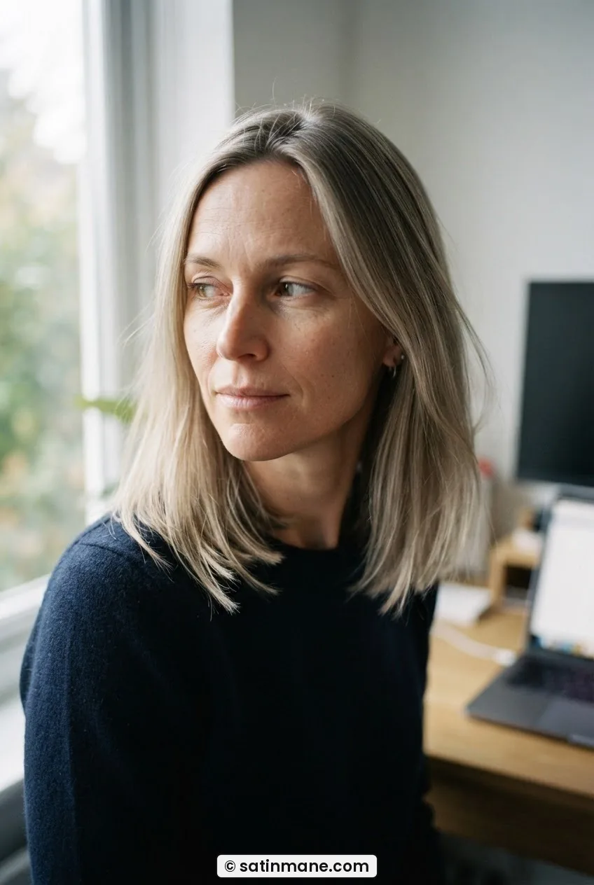 Woman with mid-length fine straight hair showing clean blunt perimeter at collarbone with gentle movement in side light