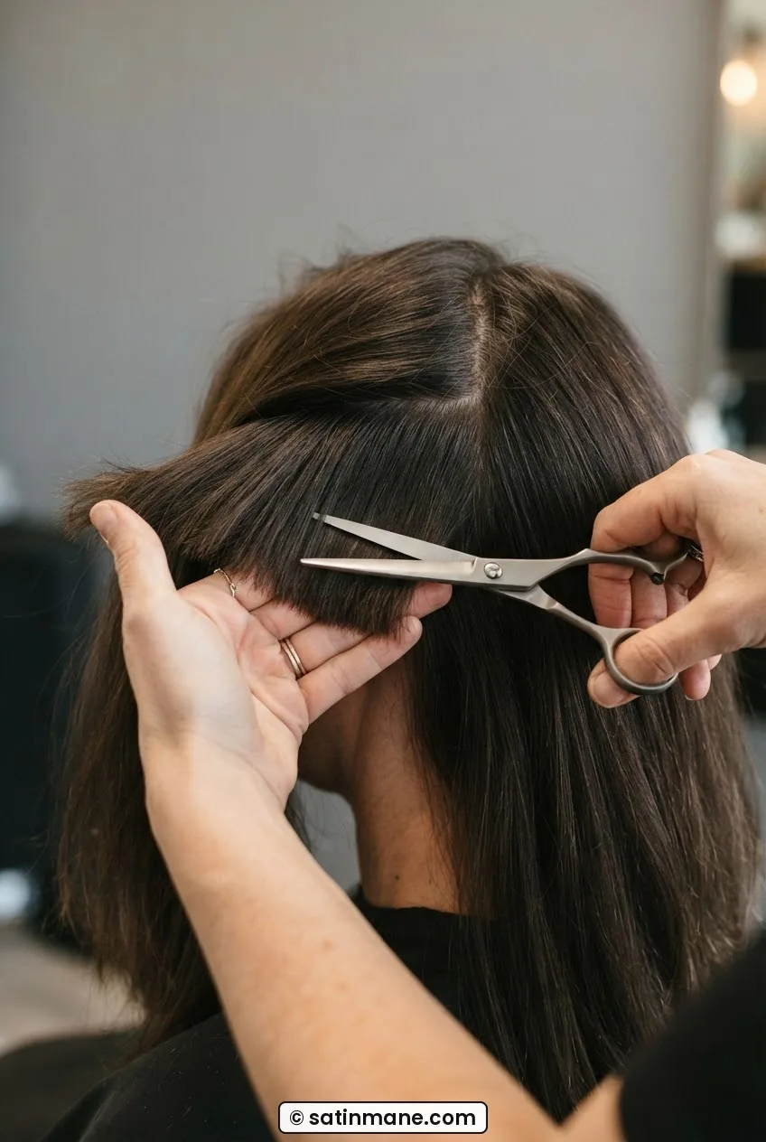 Dense mid-back section of thick hair held at 90 degrees from scalp exposing compact interior underlayer to bright light