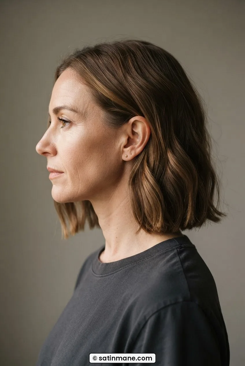 Side profile of a woman with a collarbone-length midi bob showing natural wave and clean weight line