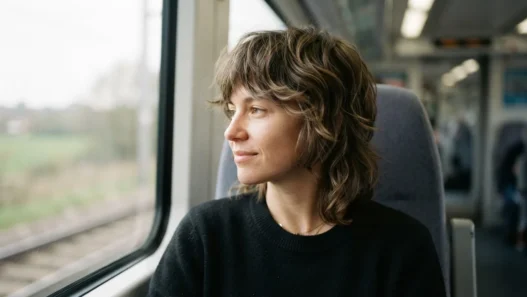 Woman with a modern medium length shag haircut in a train window seat, daylight across her hair, relaxed and natural
