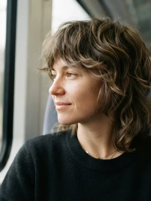 Woman with a modern medium length shag haircut in a train window seat, daylight across her hair, relaxed and natural