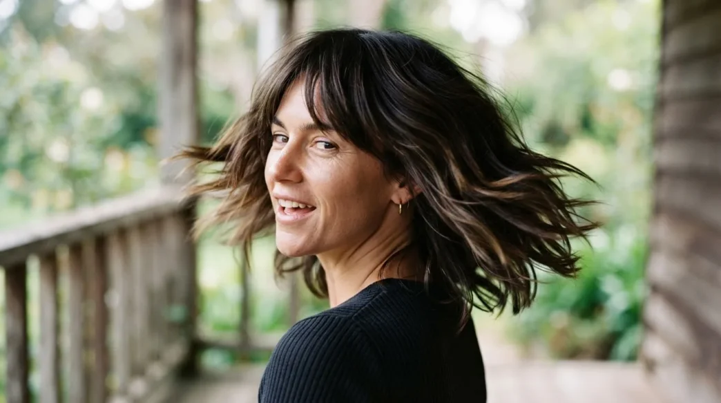 Woman with modern shoulder-length shag haircut mid-turn showing layer movement on a sunlit porch