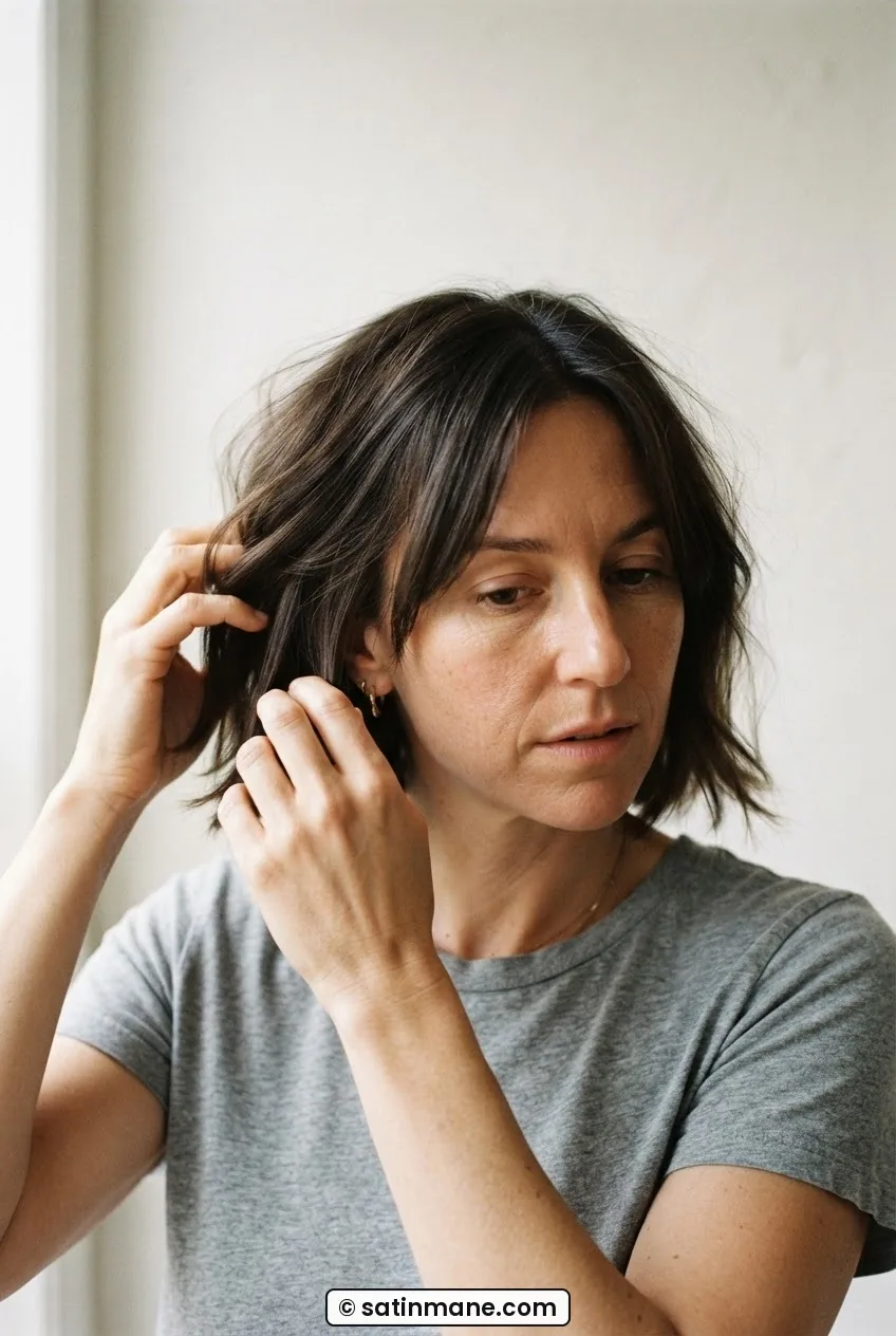 Woman with chin-length mom chop and soft c-curve ends framing her face in side light