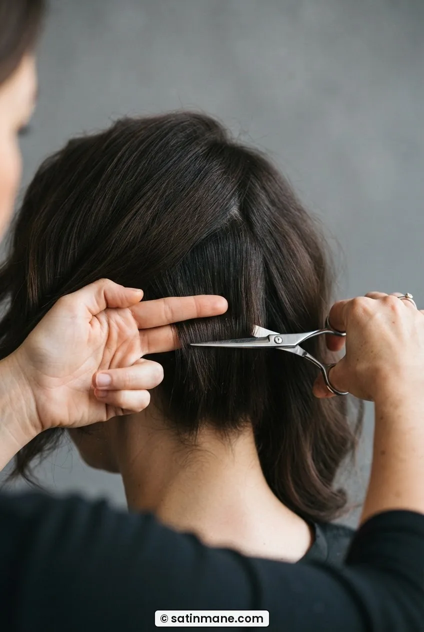 Stylist point-cutting into the nape underlayer of thick hair held horizontally with smooth scissors at 45-degree angle