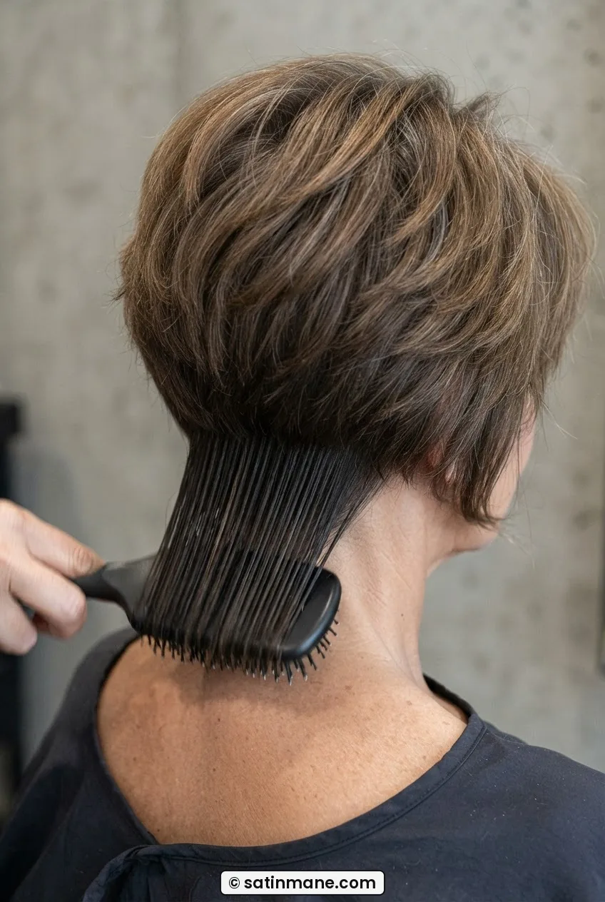 Flat paddle brush smoothing nape layer downward while upper lifted sections remain voluminous