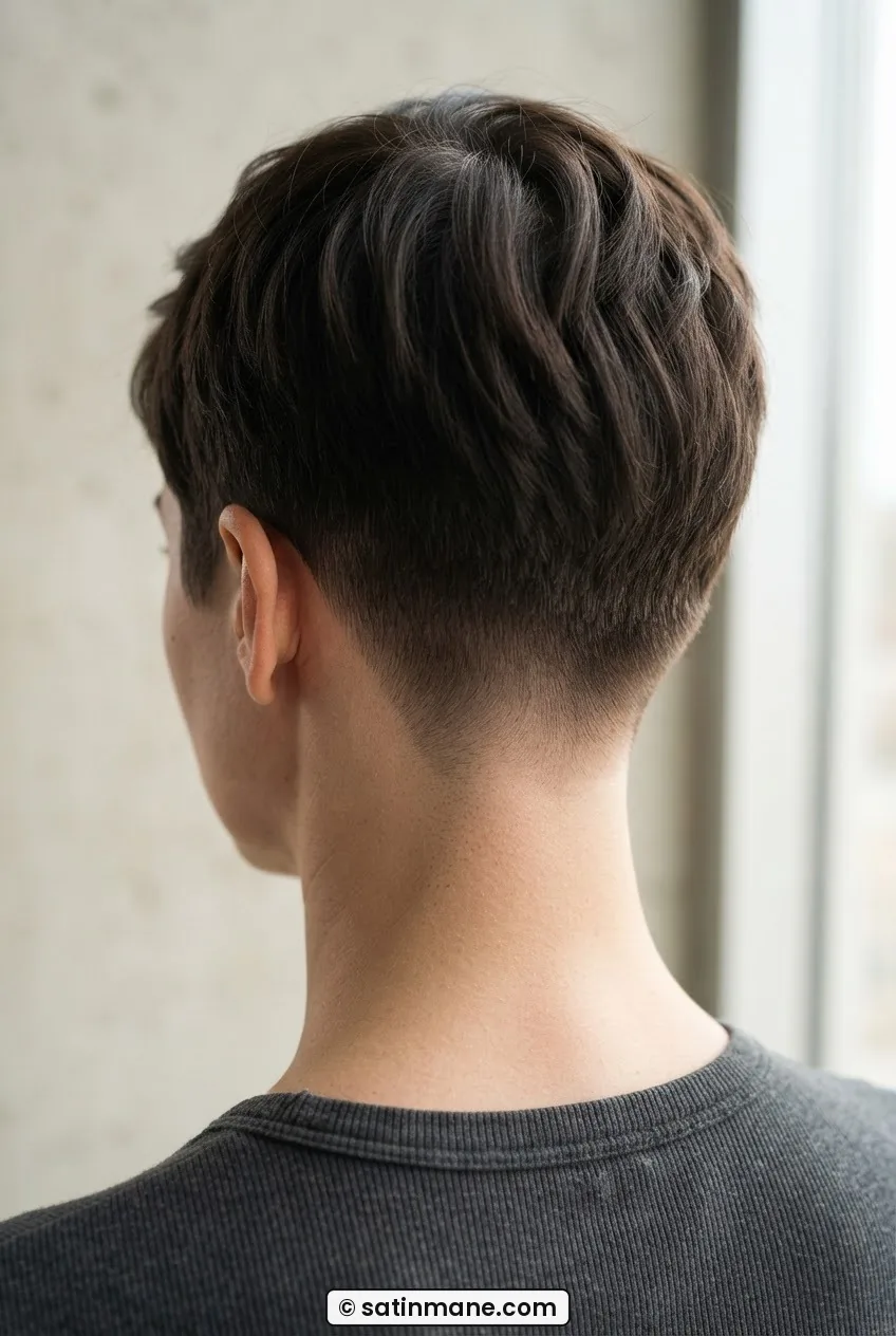 Close nape detail of freshly tapered pixie cut showing gradient from shaved nape to full hair length