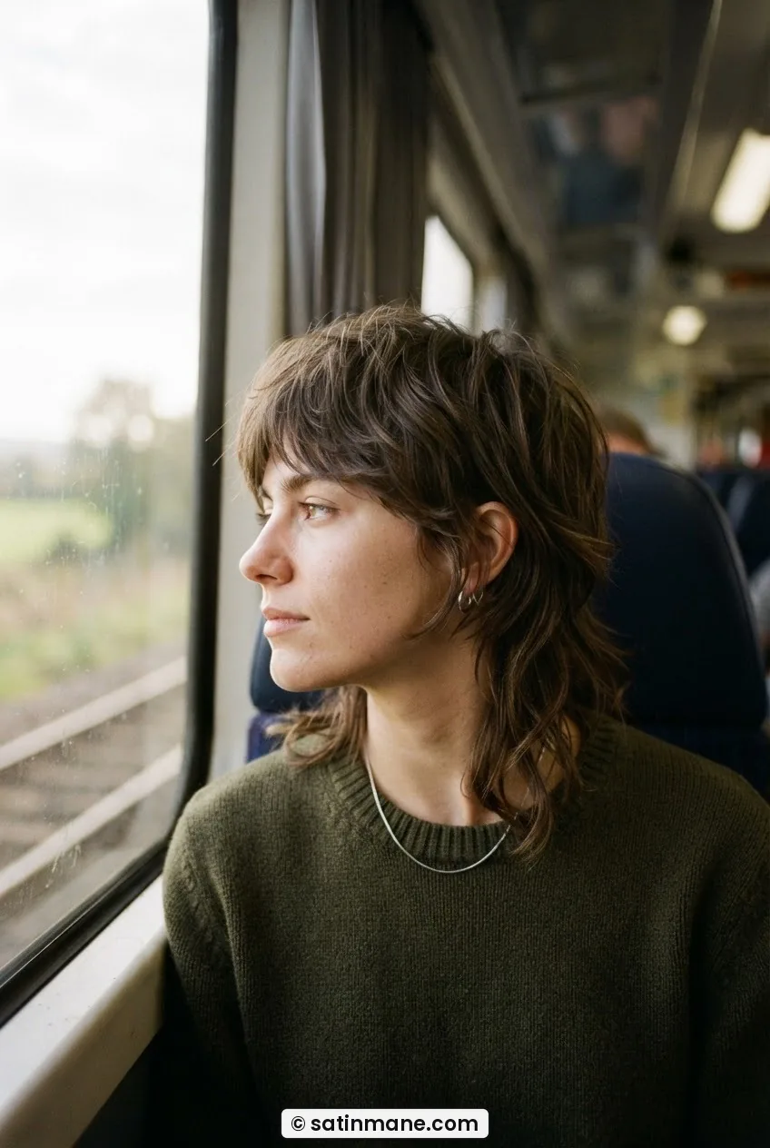 Woman with a piece-y 1990s-style razor-cut medium shag, feathered layer ends catching morning light in a train carriage