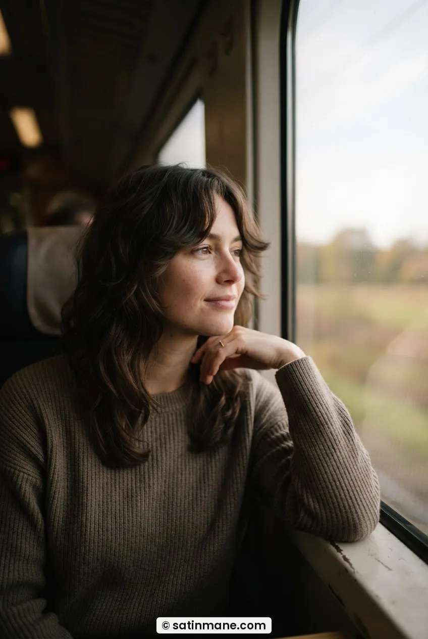 Woman with a no-fringe medium shag and face-framing pieces sweeping past the cheekbone, morning light in a train window seat