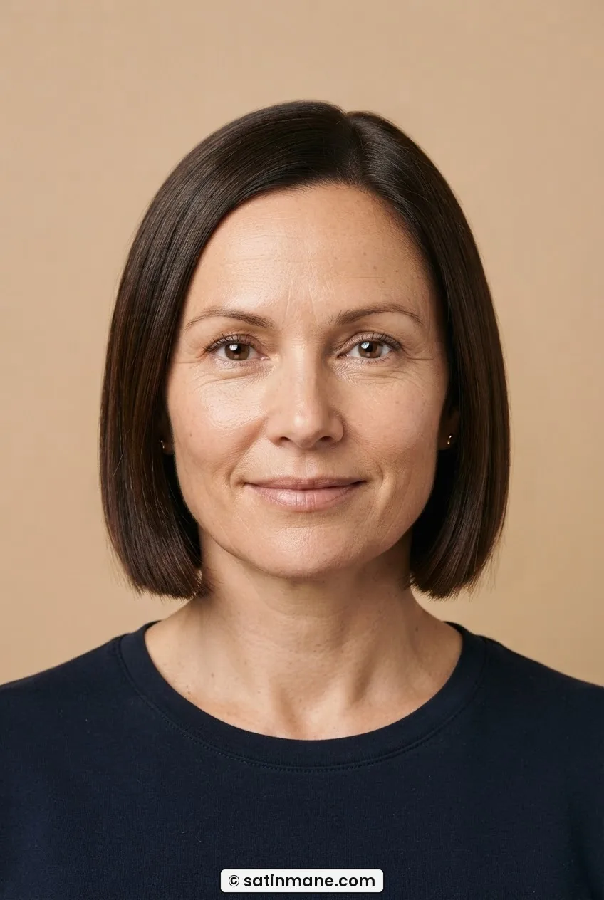 Woman with round face in a clean one-length blunt bob with hair sitting close at the sides, beige backdrop
