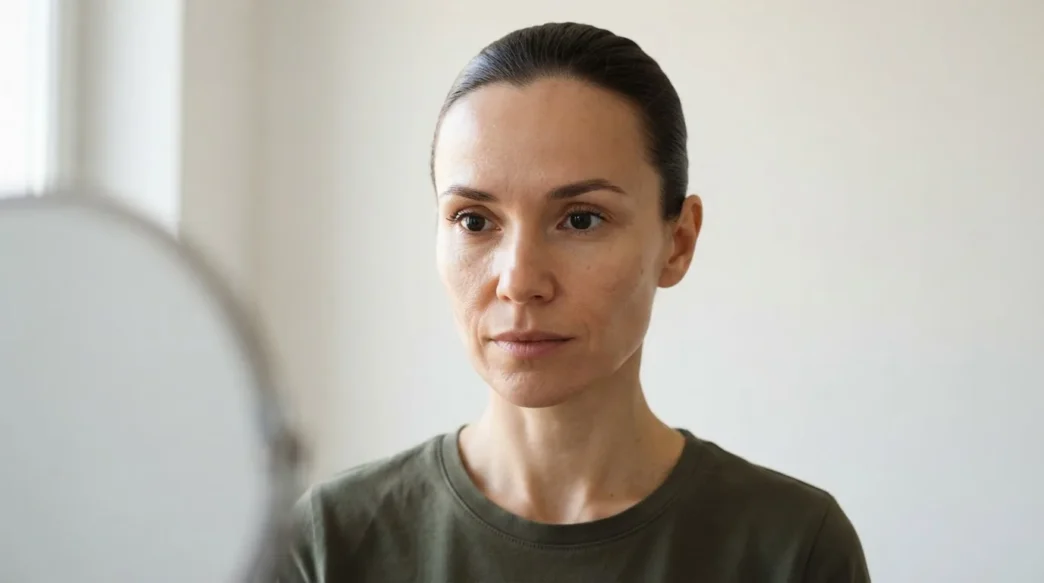 Woman with oval face looking into mirror with hair pulled back, checking face shape in bright room with soft daylight