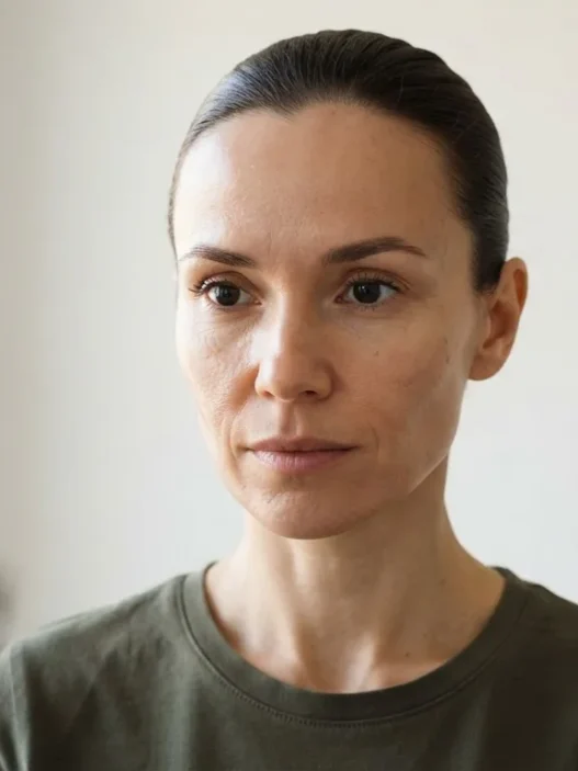 Woman with oval face looking into mirror with hair pulled back, checking face shape in bright room with soft daylight