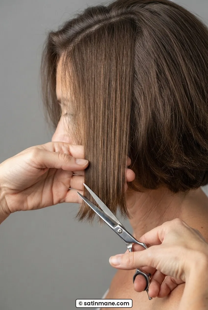 Thick perimeter hair ends held vertically downward while scissors point-cut upward at 45 degrees to soften blunt hem
