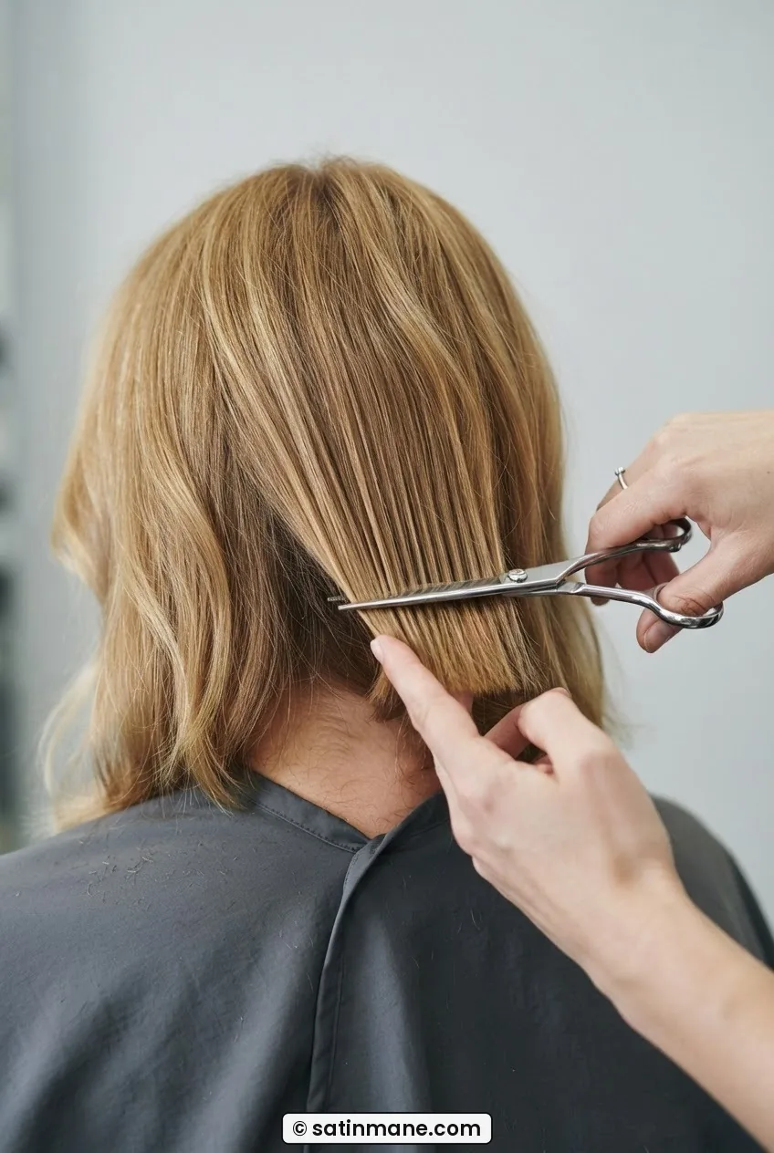 Sharp hairdressing scissors trimming the perimeter ends of shoulder-length blonde hair held flat between two fingers, horizontal cut