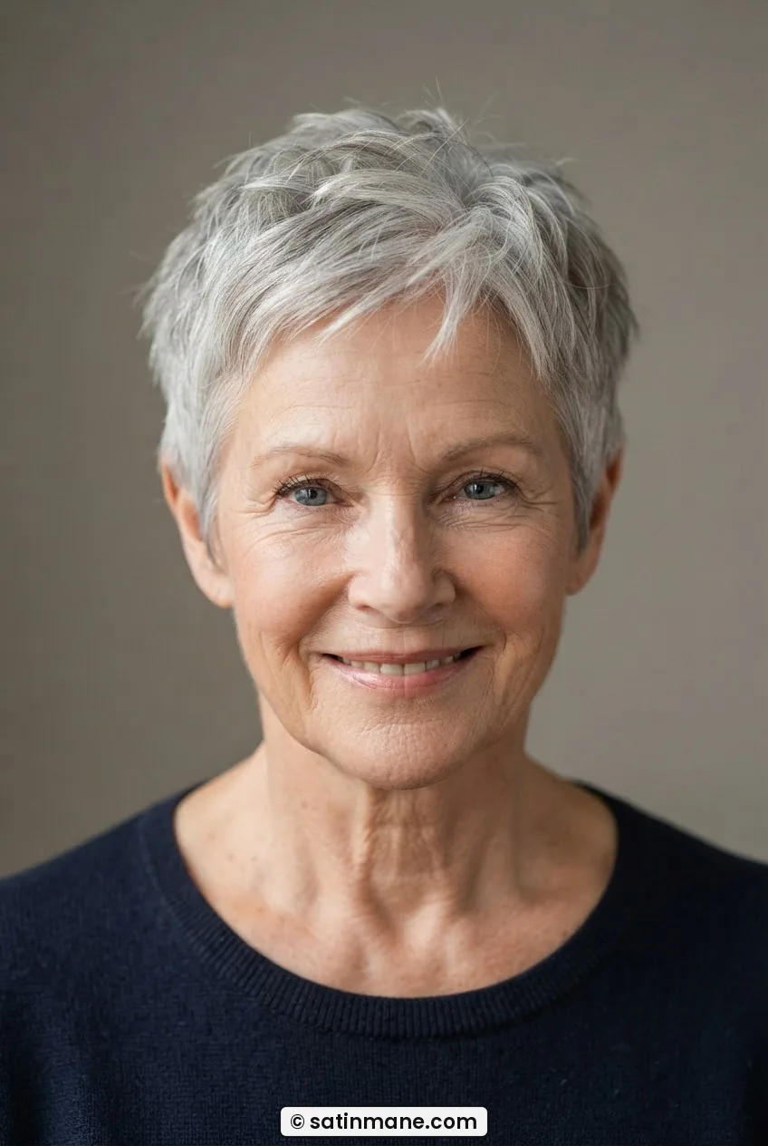 62-year-old woman with piece-y short silver crop at ear length showing separated choppy crown layers in soft daylight