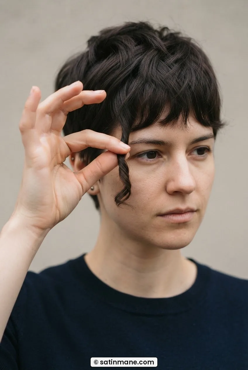 Thumb and index finger pinching a small piece of a long pixie fringe section in a slight twist to create texture