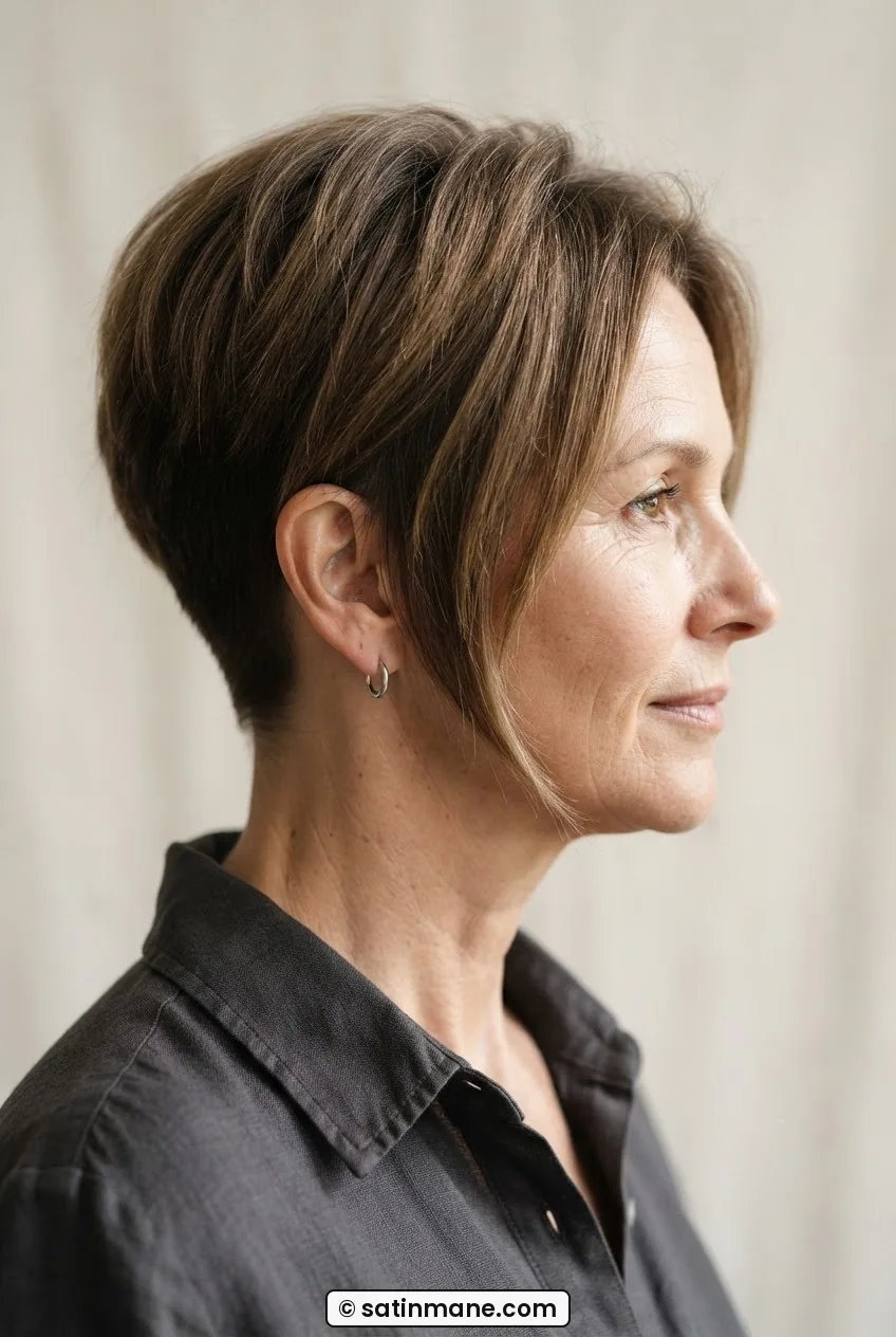 Woman with fine straight hair in a pixie bob with cropped sides and longer crown pieces angling toward the jaw